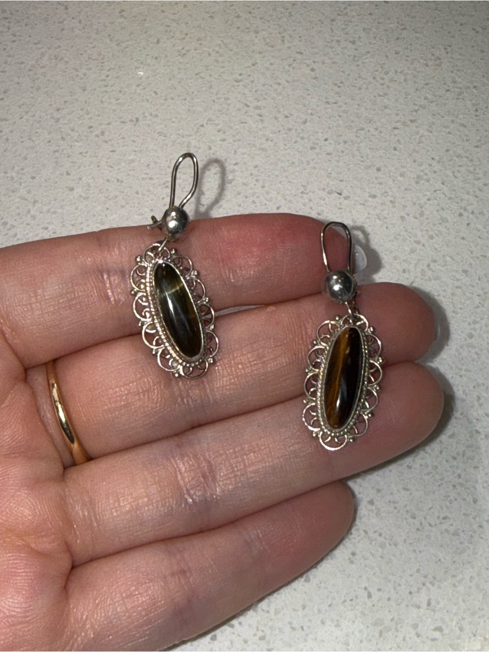 Vintage 925 Sterling Silver Filigree Drop Earrings with Brown Tiger's Eye - Picture 3 of 4
